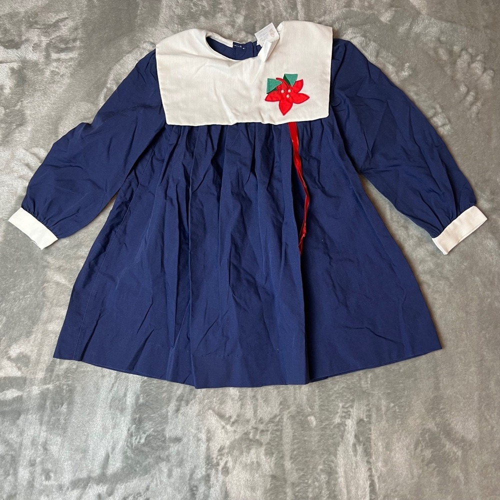 Vintage Winnie The Pooh Disney Girls‎ Dress Size 5 Navy Blue Poinsettia Holiday